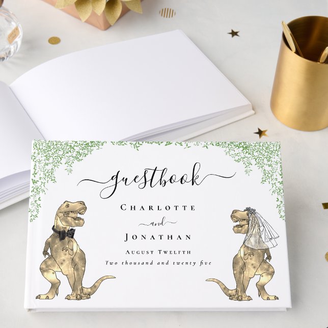Dinosaurie-tema Bröllopsgrönska Anpassad Gästböcker (Dinosaur wedding custom guest book Funny T-Rex bride & groom watercolor eucalyptus foliage & script)