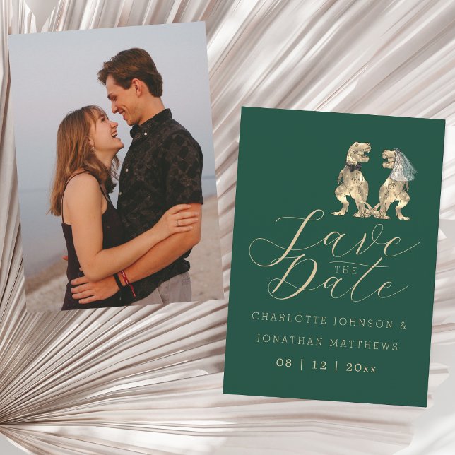 Dinosaurie-tema Fotobryllop Spara Datumet (Elegant minimalist dinosaur wedding save the date portrait photo green invitation)