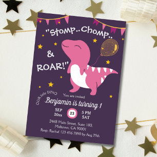Dinosaurie-tema Stomp, Chomp & Roar! 1-års födelse Inbjudningar