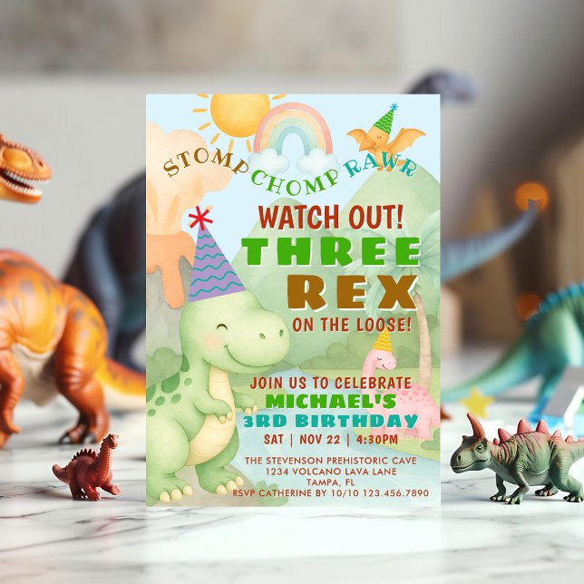 Dinosaurie-tema Tre Rex Födelsedagsfest Pojke Inbjudningar (Skapare uppladdad)