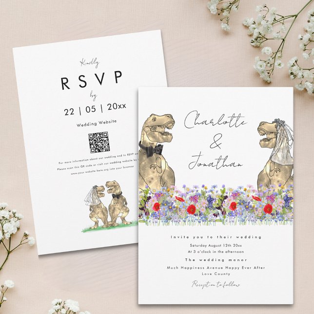 Dinosaurie Tema Vildblomma Inbjudningar (Boho wildflower dinosaur wedding invitation with whimsical script and qr code)