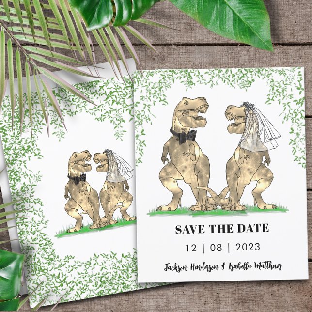 Dinosauriebröllop Spara Datum (Dinosaur wedding save the date budget invitation T-Rex bride and groom Jurassic jungle foliage)