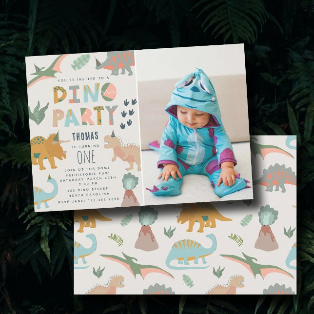 Dinosaurier Boho Dino Party Djur Födelsedagsfoto Inbjudningar (Dinosaurs Boho Dino Party Animals Birthday Photo Invitation)