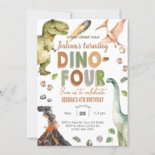 dinosaurier Dino-Four 4e födelsedagen inbjudan. Inbjudningar