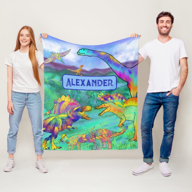 Dinosaurier färgglada Personliga blå Fleecefilt (På plats)