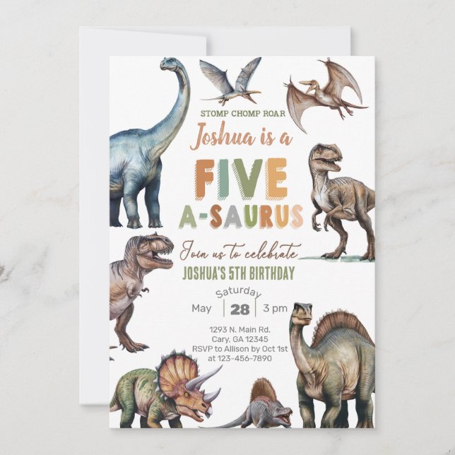 Dinosaurier Fem A-Saurus pojke 5-års födelsedagsin Inbjudningar (Framsida)