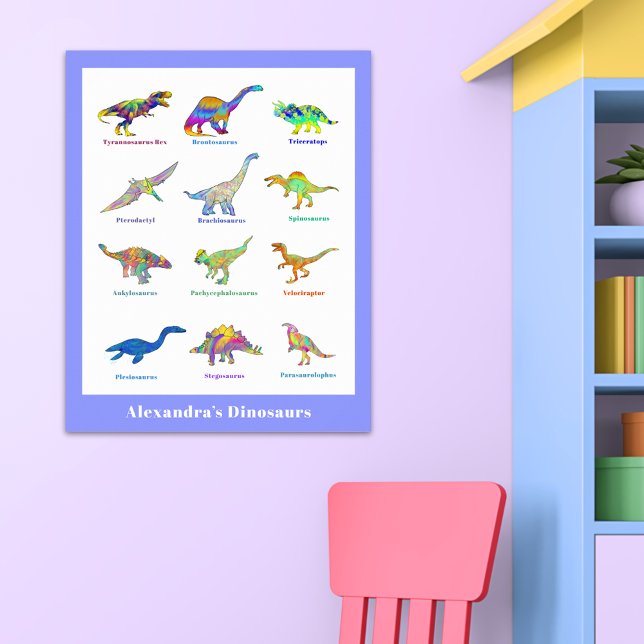 Dinosaurier med namn Färgglad Utbildning Poster (Colorful dinosaurs with names purple custom educational poster)