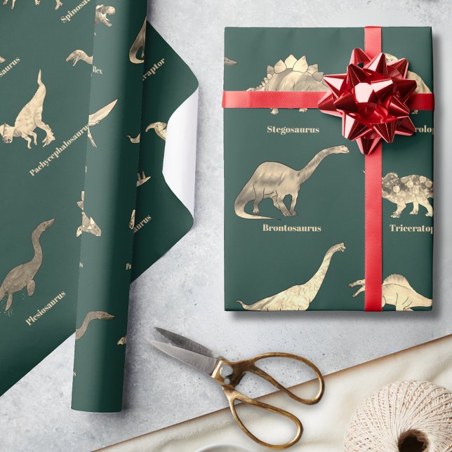Dinosaurier Med Namn Mönster Grön Presentpapper (Dinosaurs with names green wrapping paper for dino lovers)