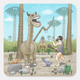Dinosaurier möter stenåldern fyrkantigt klistermärke