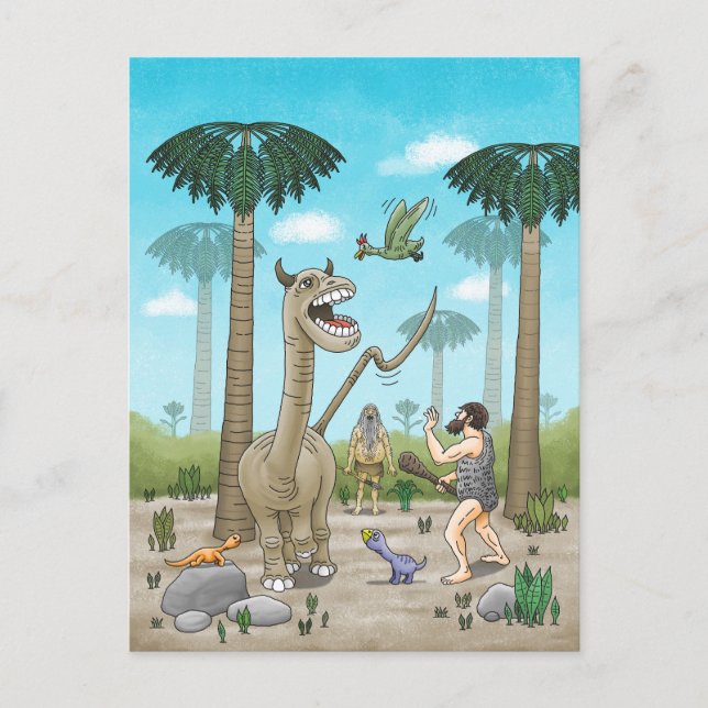 Dinosaurier möter stenåldern vykort (Framsida)