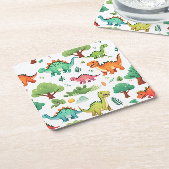 Dinosaurier och träd mönster vit underlägg papper kvadrat (Vinklad)