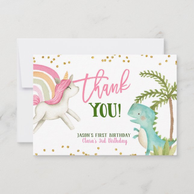 Dinosaurier och Unicorns Birthday tackkort Tack Kort (Framsida)