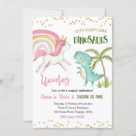 Dinosaurier och Unicorns Syskon födelsedag Inbjudningar