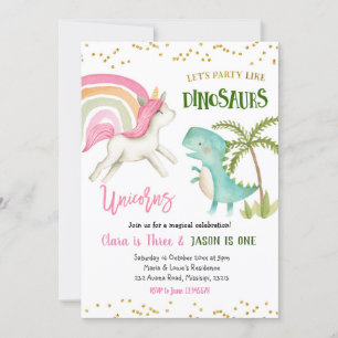 Dinosaurier och Unicorns Syskon födelsedag Inbjudningar