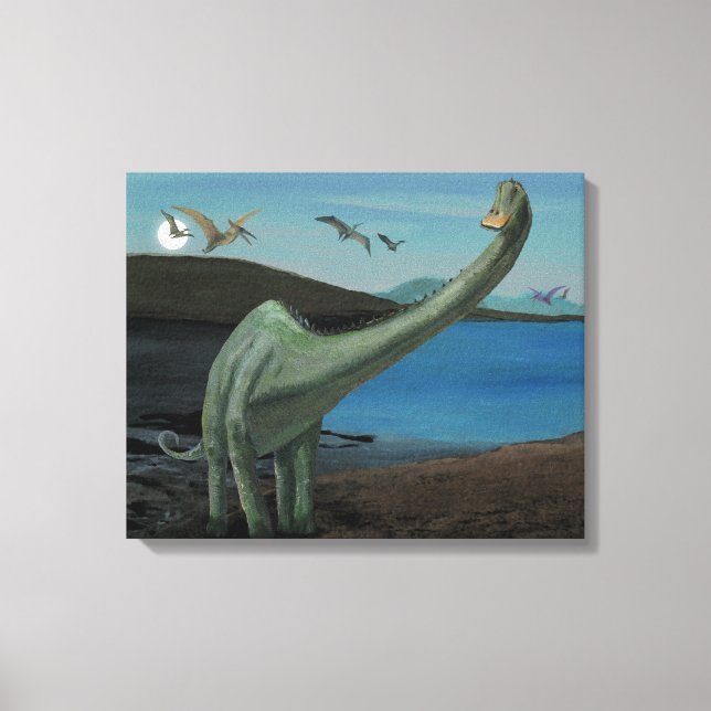 dinosaurier över Sjö vid full måne Canvastryck (Framsida)