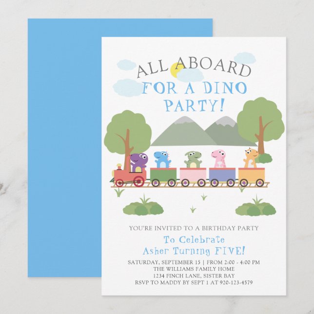dinosaurier på en Tåg-födelsedag Inbjudningar (Fram/baksida)
