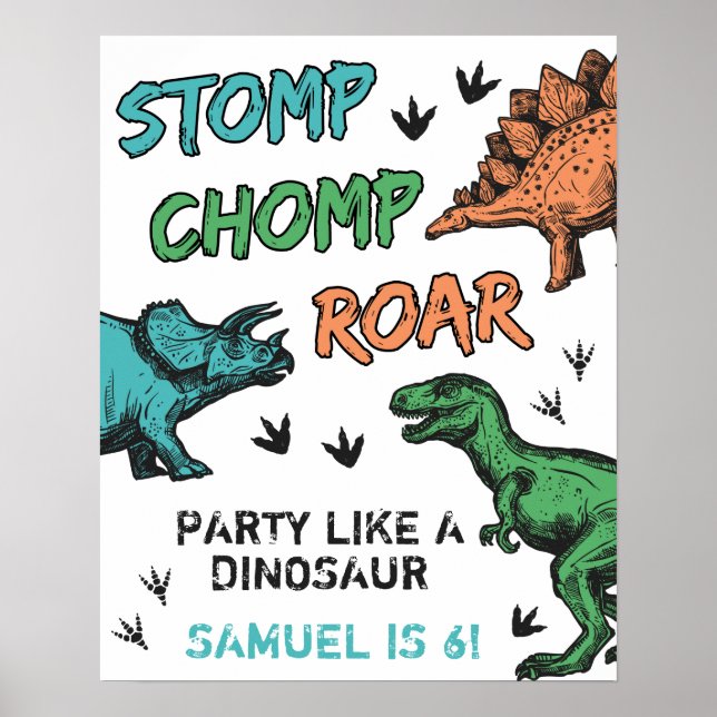 Dinosaurier stampar, chompar, rytter födelsedagsfe poster (Framsidan)