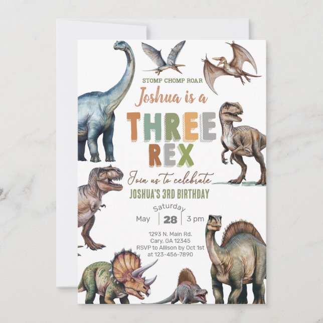 Dinosaurier THREE-REX pojke 3-års födelsedagsinbju Inbjudningar (Framsida)