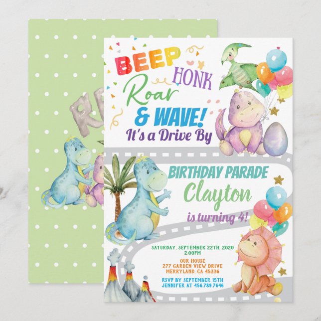 Dinosaurir genom Födelsedagsfest Parad Inbjudningar (Fram/baksida)
