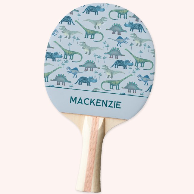 Dinosaurmönster Blå Personligt Namn Pingisracket (Personalized custom name dinosaur ping pong paddle)