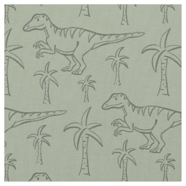 Dinosaurmönster Modern Pojke Dino Djungel Sagegrön Tyg (Närbild)