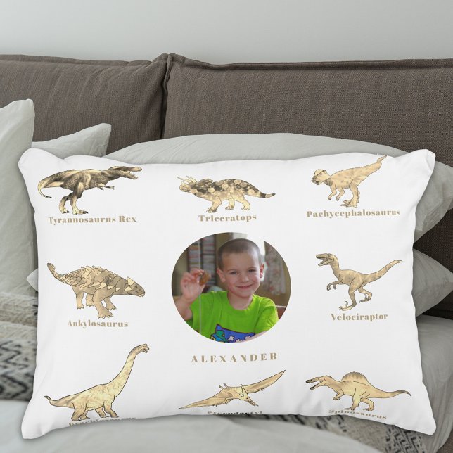 Dinosaurpojkar Personligt namn och foto Prydnadskudde (Personalised dinosaur boys photo and name pillow Beige brown and white)