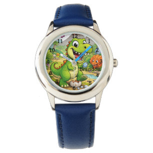 Dinosaurpojke Modern Grön Trex Anpassat Namn Barn Armbandsur