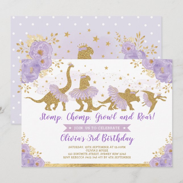 Dinosaurprinsessa Ballerina Rosa Blommig Födelseda Inbjudningar (Fram/baksida)