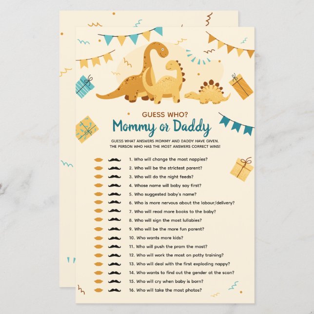 Dinosaurs Baby Shower Gissa Vem Mamma eller pappa (Fram/baksida)