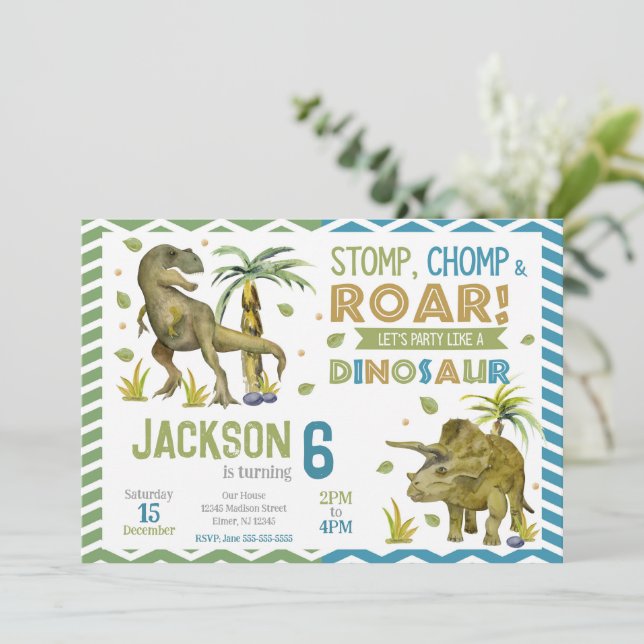 Dinosaurs Birthday Invitation | T-rex | Triceratop Inbjudningar (Stående Fram)