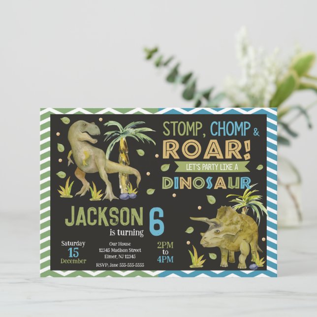 Dinosaurs Birthday Invitation | T-rex | Triceratop Inbjudningar (Stående Fram)