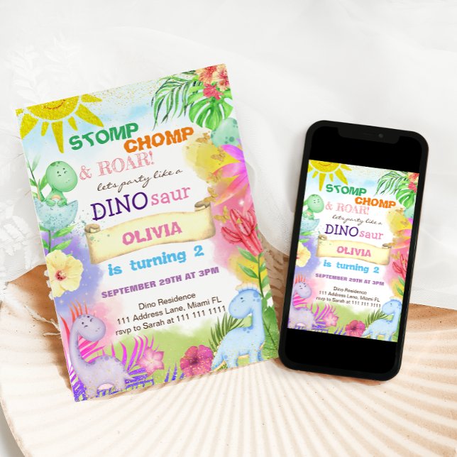 Dinosaurs Blommigt Glitter Girl 2:a födelsedagen Inbjudningar (Skapare uppladdad)