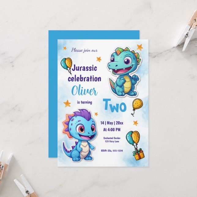 Dinosaurs Cartoon Blue Birthday Celebration Inbjudningar (Fram/Back In Situ)