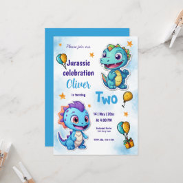 Dinosaurs Cartoon Blue Birthday Celebration Inbjudningar