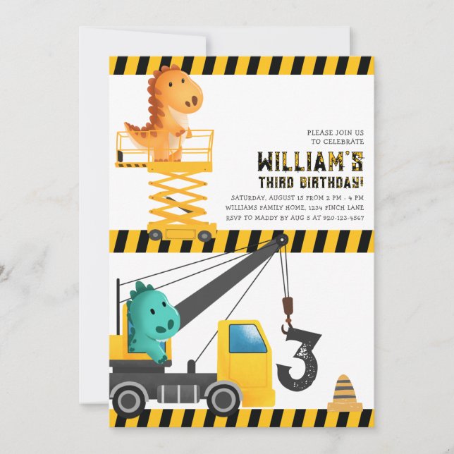 Dinosaurs Construction Födelsedagsfest inbjudan (Framsida)