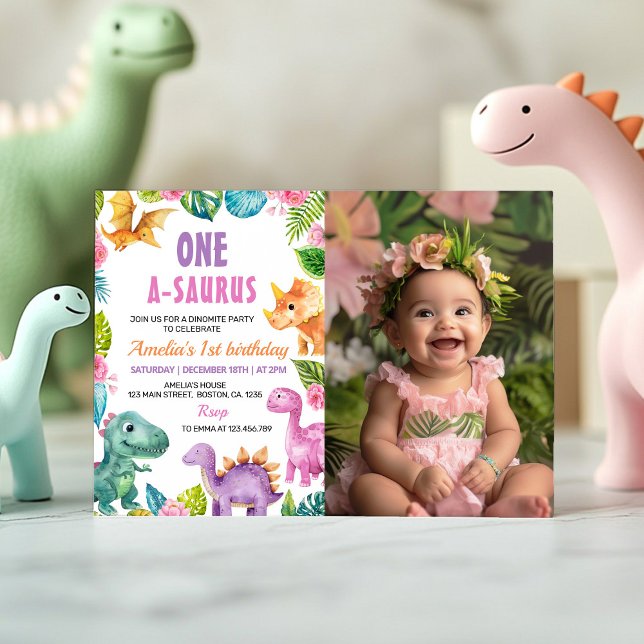 Dinosaurs Flicka 1:a födelsedag Fotoinbjudan Inbjudningar (Skapare uppladdad)