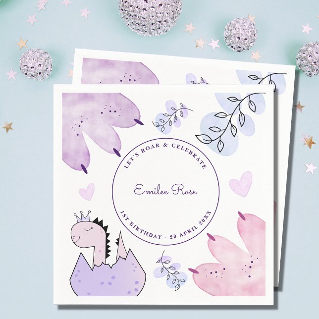 Dinosaurs Födelsedagsfest Rosa Lila Pappersservett (Skapare uppladdad)