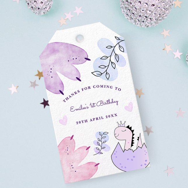 Dinosaurs Födelsedagsfest Rosa Lila Tack Presentetikett (Skapare uppladdad)