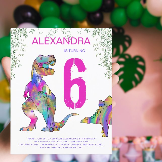 Dinosaurs Girls 6e Födelsedagsfest rosa Budget (Girls pink dinosaur 6th birthday party budget invitation with colorful T-Rex stegosaurus dinos )