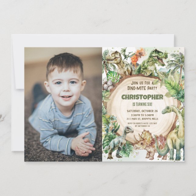 Dinosaurs Greenery Dino-mite Födelsedagsfest Photo Inbjudningar (Framsida)