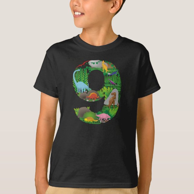 Dinosaurs Jungle Scene ninth Birthday number nine T Shirt (Framsida)