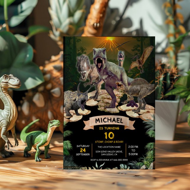 Dinosaurs Jurassic Födelsedagsfest Stomp Chomp Roa Inbjudningar (Prehistoric Dinosaur T-Rex Birthday Party Invitation)