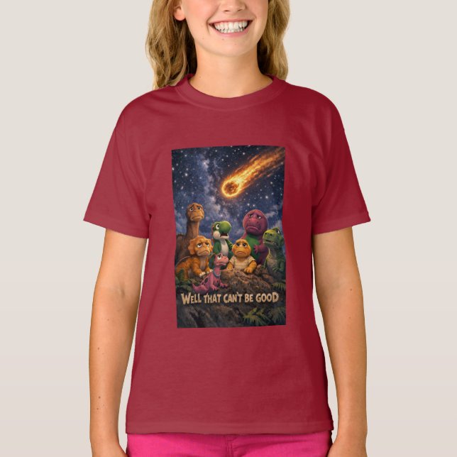 Dinosaurs Looking Up at Incoming Meteor T Shirt (Framsida)