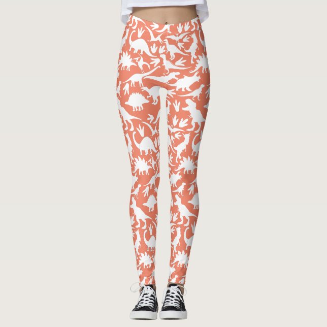 Dinosaurs mönster 01 w. Orange BG Leggings (Framsida)