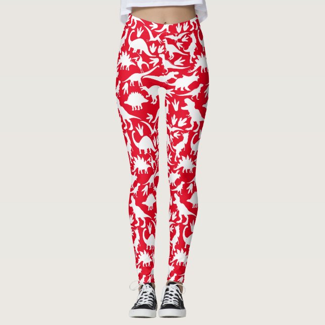 Dinosaurs mönster 01 w. Red BG Leggings (Framsida)
