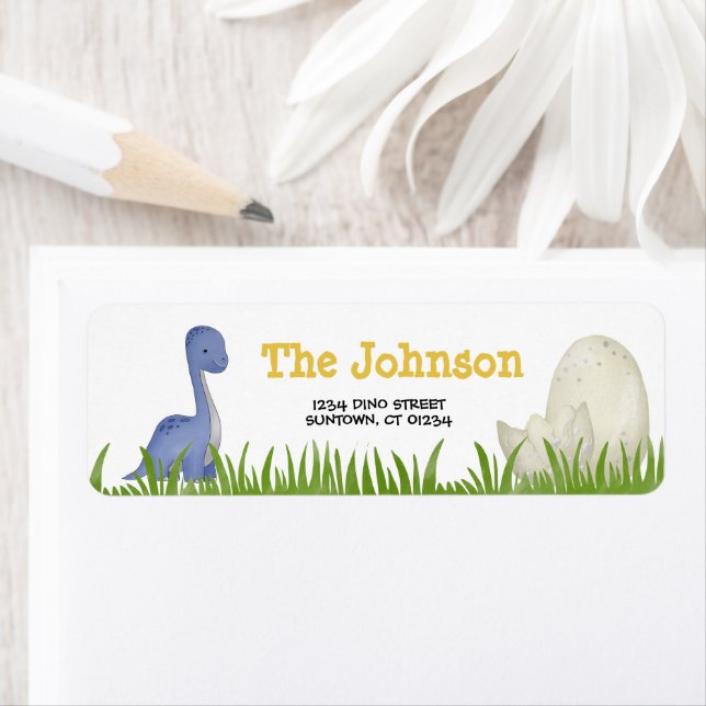 Dinosaurs Party violet gult Adress Returadress Etikett (Insitu)