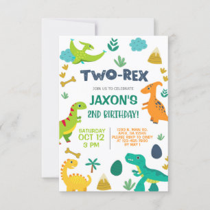 Dinosaurs pojke TWO-REX 2:a födelsedagsinbjudan. Inbjudningar