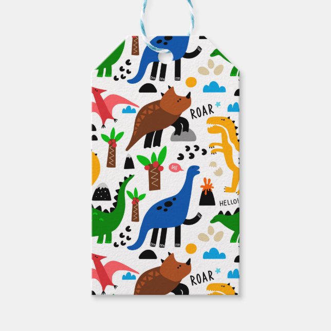 Dinosaurs sömlös mönster presentetikett (Framsidan)