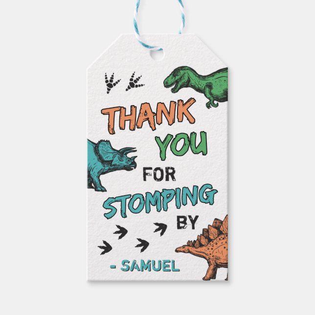 Dinosaurs Stomp Chomp Roar Birthday Tack Presentetikett (Framsidan)