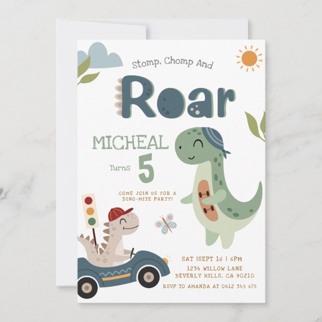 Dinosaurs Stomp Chomp Roar Boy Birthday Invitation Inbjudningar (Framsida)